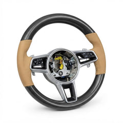 Carbon Fiber & Beige Leather Steering Wheel Compatible With Porsche All Models