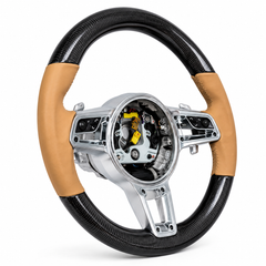 Carbon Fiber & Beige Leather Steering Wheel Compatible With Porsche All Models