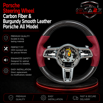 Carbon Fiber & Burgundy Leather Steering Wheel Compatible With Porsche All Models