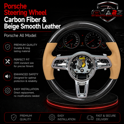 Carbon Fiber & Beige Leather Steering Wheel Compatible With Porsche All Models