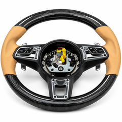Carbon Fiber & Beige Smooth Leather Steering Wheel Compatible With Porsche All Models