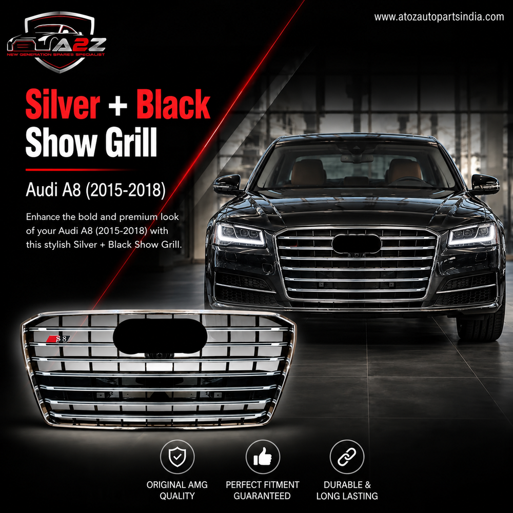 Glossy Black Original Show Grill (Silver + Black Show Grill) 4H0853651AB Compatible With Audi A8 (2015-2018) Quattro Tag No.113