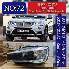 Complete Headlight Assy Left 63117401131 & Right 63117401132 (Without Blaster) Compatible With BMW X3 F25 (2014-2018) Tag No.72
