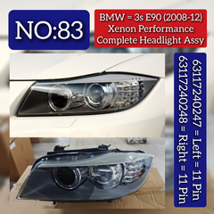 Complete Headlight Assembly (Xenon Performance) Left 63117240247 & Right 63117240248 (Both Side 11 Pin) Compatible With BMW 3 Series (E90) (2008-2012) Tag No.83