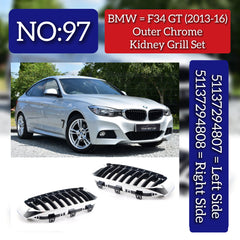Outer Chrome Kidney Grill Left 51137294807 & Right 51137294808 Compatible With BMW 3 Series GT (F34) (2013-2016) Tag No.97