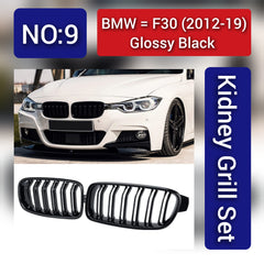 Glossy Black Kidney Grill Set Compatible With BMW 3 Series F30 (2012-19)Tag 9