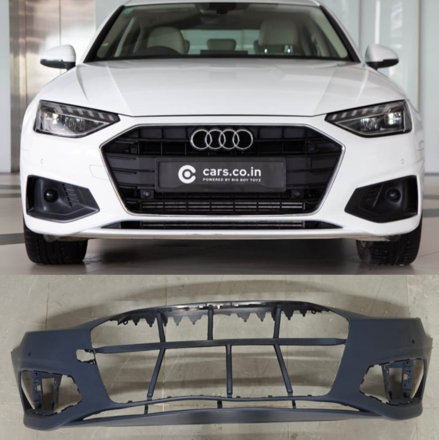 Audi A4 8W bumper replacement part with car and part image on a gray background
