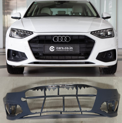 Audi A4 8W bumper replacement part with car and part image on a gray background