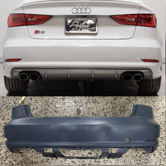 Audi S3 8V rear upper bumper with model details on a gray background
