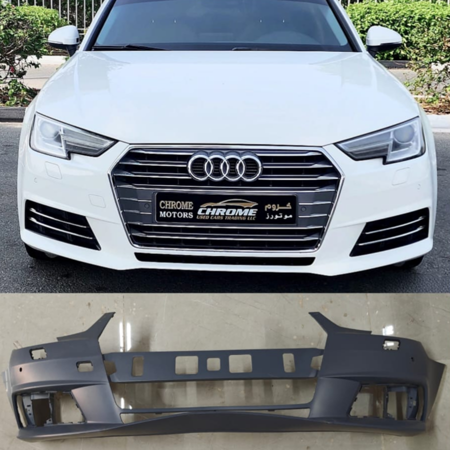Audi A4 8W bumper set with model details on a blurred background