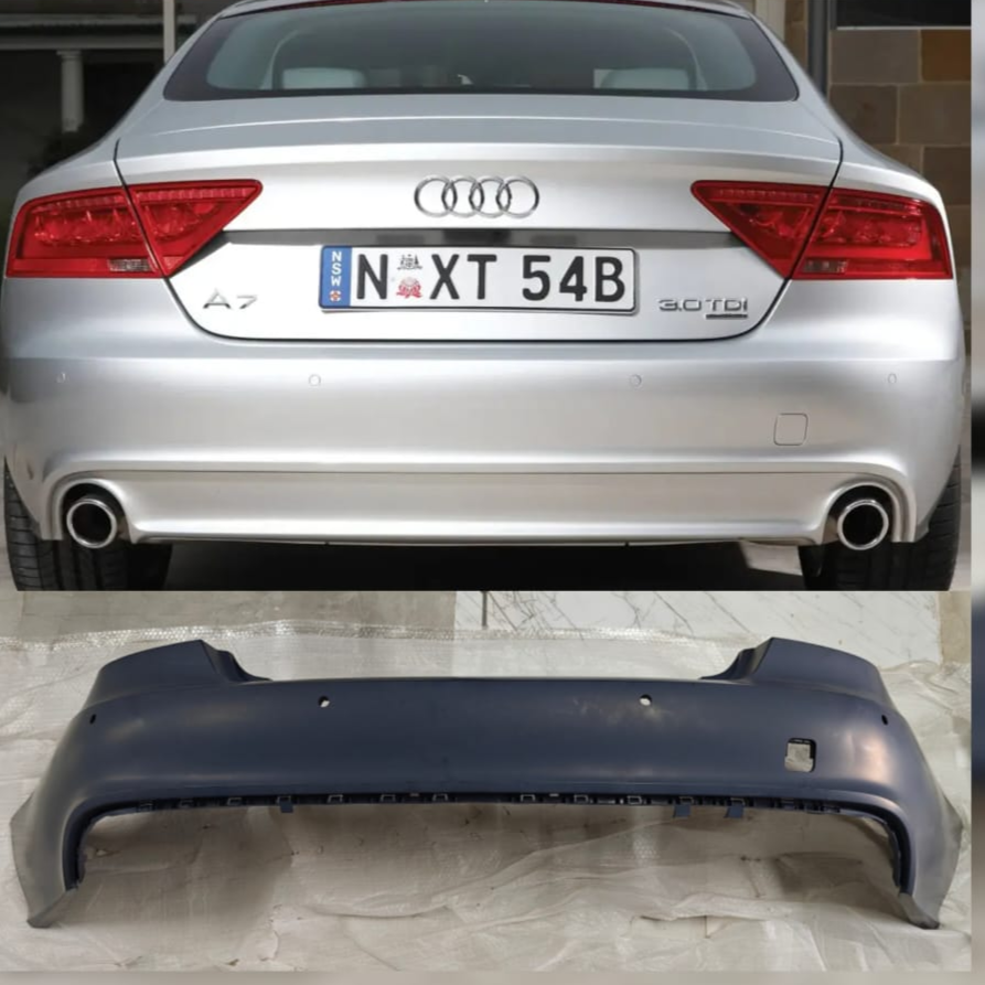 Audi A7 4G rear upper bumper with model details and part number on a gray background