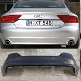Audi A7 4G rear upper bumper with model details and part number on a gray background