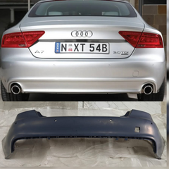 Audi A7 4G rear upper bumper with model details and part number on a gray background