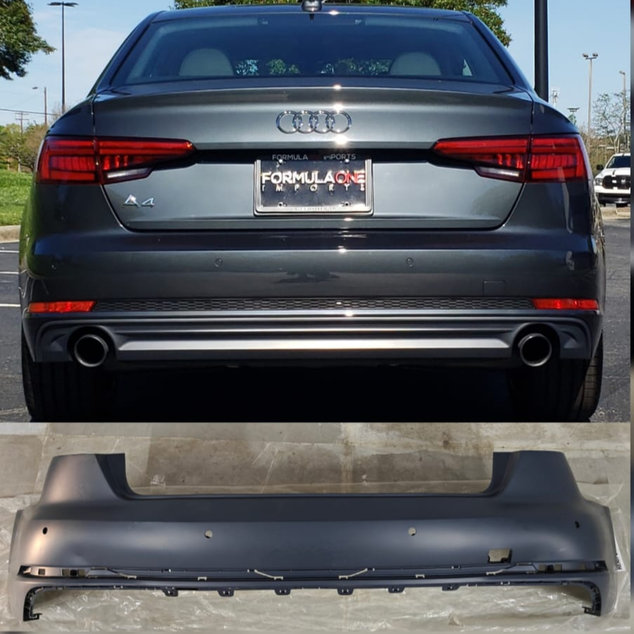 Audi A4 8W bumper with model details on a blurred background