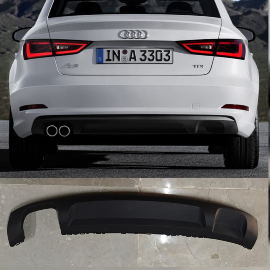 Audi A3 8V rear bumper with model details and part number on a gray background