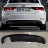 Audi A3 8V rear bumper with model details and part number on a gray background