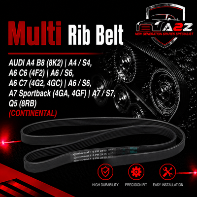 Multi RIB Belt 6PK2415 06E903137A 06E903137J Compatible With AUDI A4 B8 (8K2) | A4 / S4, A6 C6 (4F2) | A6 / S6, A6 C7 (4G2, 4GC) | A6 / S6, A7 Sportback (4GA, 4GF) | A7 / S7, Q5 (8RB) (CONTINENTAL)
