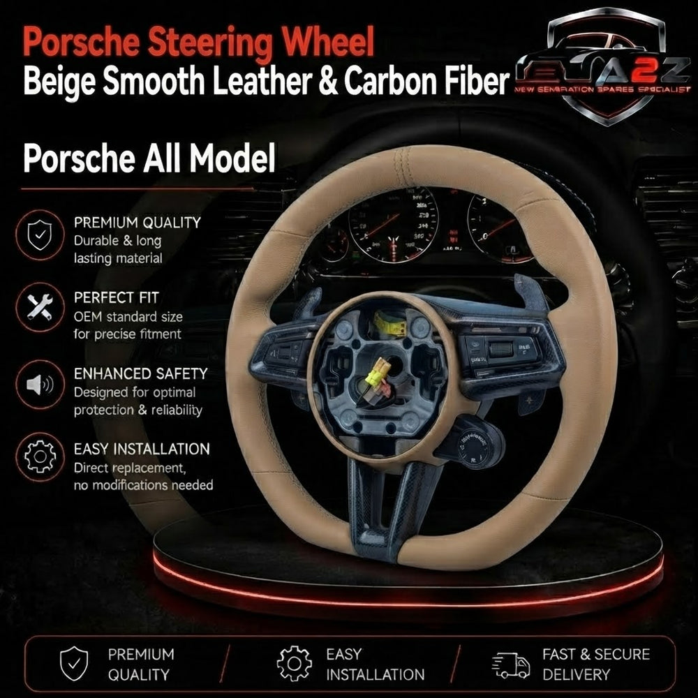 Carbon Fiber & Full Beige Leather Steering Wheel with Drive Mode Selector Compatible With Porsche All Models