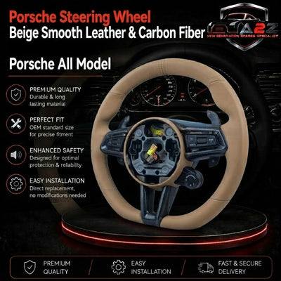 Carbon Fiber & Full Beige Leather Steering Wheel with Drive Mode Selector Compatible With Porsche All Models