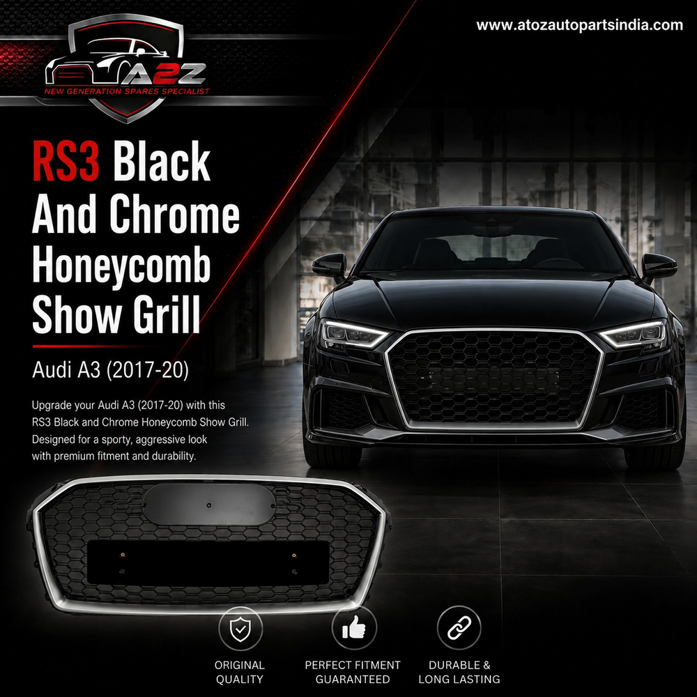 RS3 Black And Chrome Honeycomb Show Grill Compatible With Audi = A3 (2017-20) Tag No.97