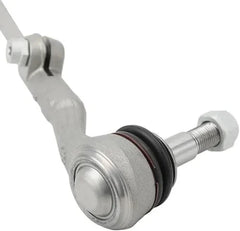Close up silver tie rod end with ball joint threaded stud and rubber boot for BMW E90 steering tie rod replacement