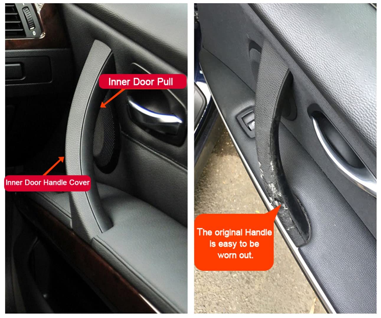 Two panel comparison showing new inner door pull cover and worn original on car door Door Handle for BMW 3