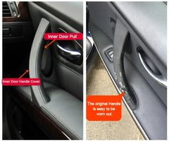 Two panel comparison showing new inner door pull cover and worn original on car door Door Handle for BMW 3