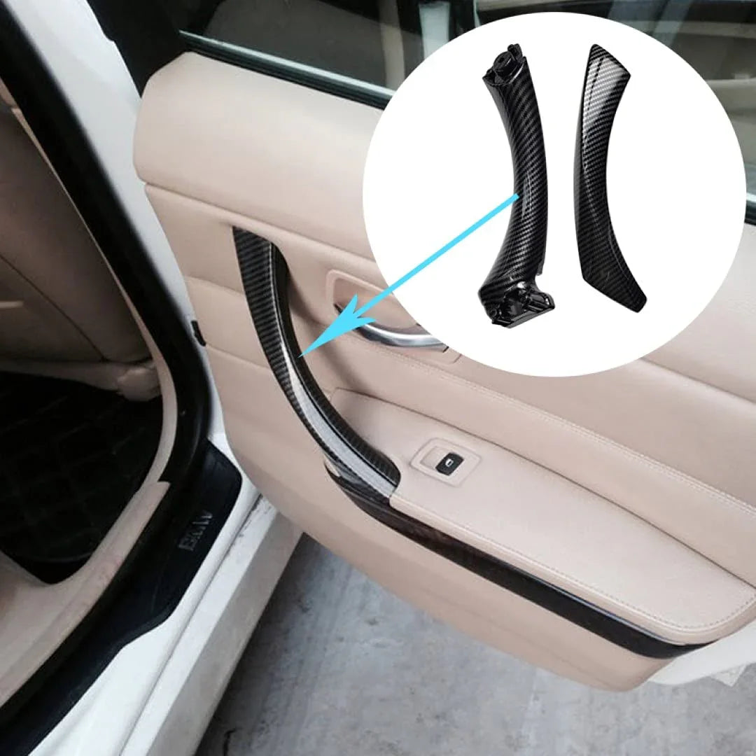 A to Z Auto Parts carbon fiber interior Door Handle for BMW 3 installed on beige door panel with chrome trim