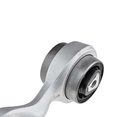 Close up of metallic front left suspension arm for BMW 3 Series E90 showing bushing and mounting point from A to Z Auto Parts