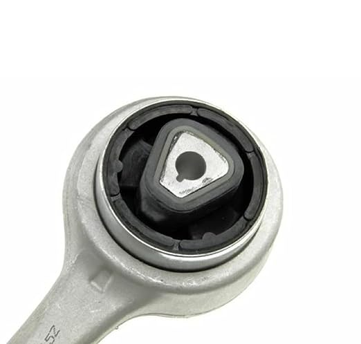 Close up of aluminum control arm bushing end on front left suspension arm for BMW 3 Series E90 by A to Z Auto Parts