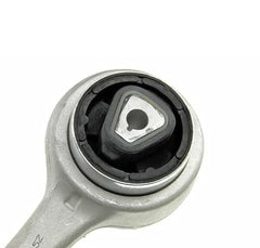 Close up of aluminum control arm bushing end on front left suspension arm for BMW 3 Series E90 by A to Z Auto Parts