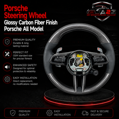 Gloss Carbon Fiber Steering Wheel (Black Leather Grip) Compatible With Porsche All Models