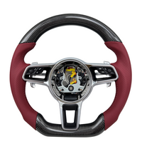 Carbon Fiber & Burgundy Perforated Leather Steering Wheel Compatible With Porsche All Models
