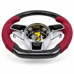 Carbon Fiber & Burgundy Perforated Leather Steering Wheel Compatible With Porsche All Models