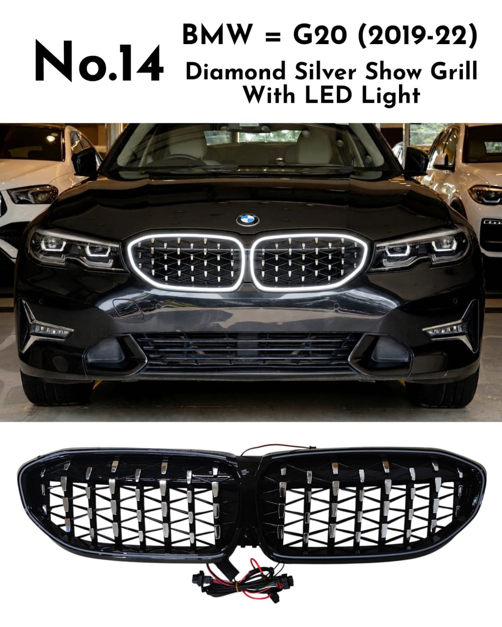 Diamond Silver Show Grill With LED Light Compatible With BMW =G20 (2019-22) No.14
