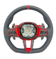 G Series Type Steering Wheel Leather & Carbon Strip (Red) Compatible With BMW For X5 X6 F30