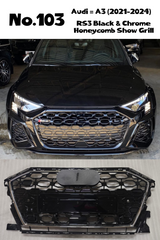 RS3 Black And Chrome Honeycomb Show Grill Compatible With Audi = A3 (2021-24) Tag No.103