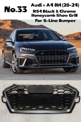 RS4 Black And Chrome Honeycomb Show Grill (For S Line Bumper) Compatible With Audi A4 B9 Facelift (2020-23) Tag No.33