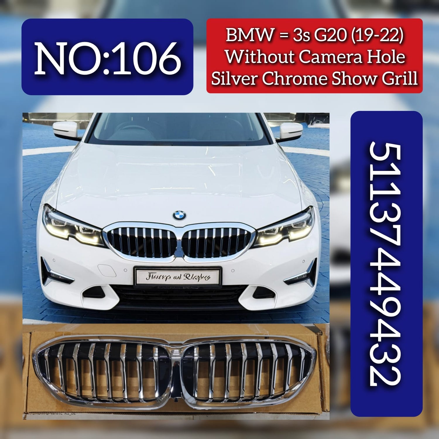 Silver Chrome Show Grill Without Camera Hole 51137449432 Compatible With BMW 3s G20 (2019-2022) Tag No.106
