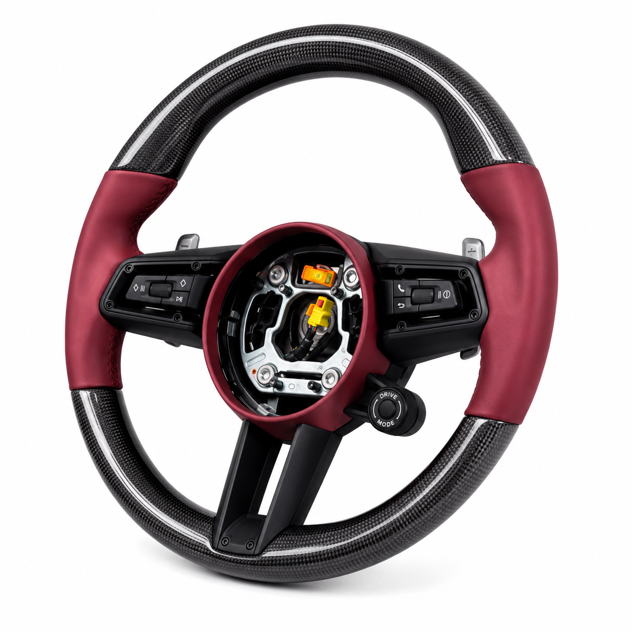 Carbon Fiber & Burgundy Smooth Leather Steering Wheel Compatible With Porsche All Models