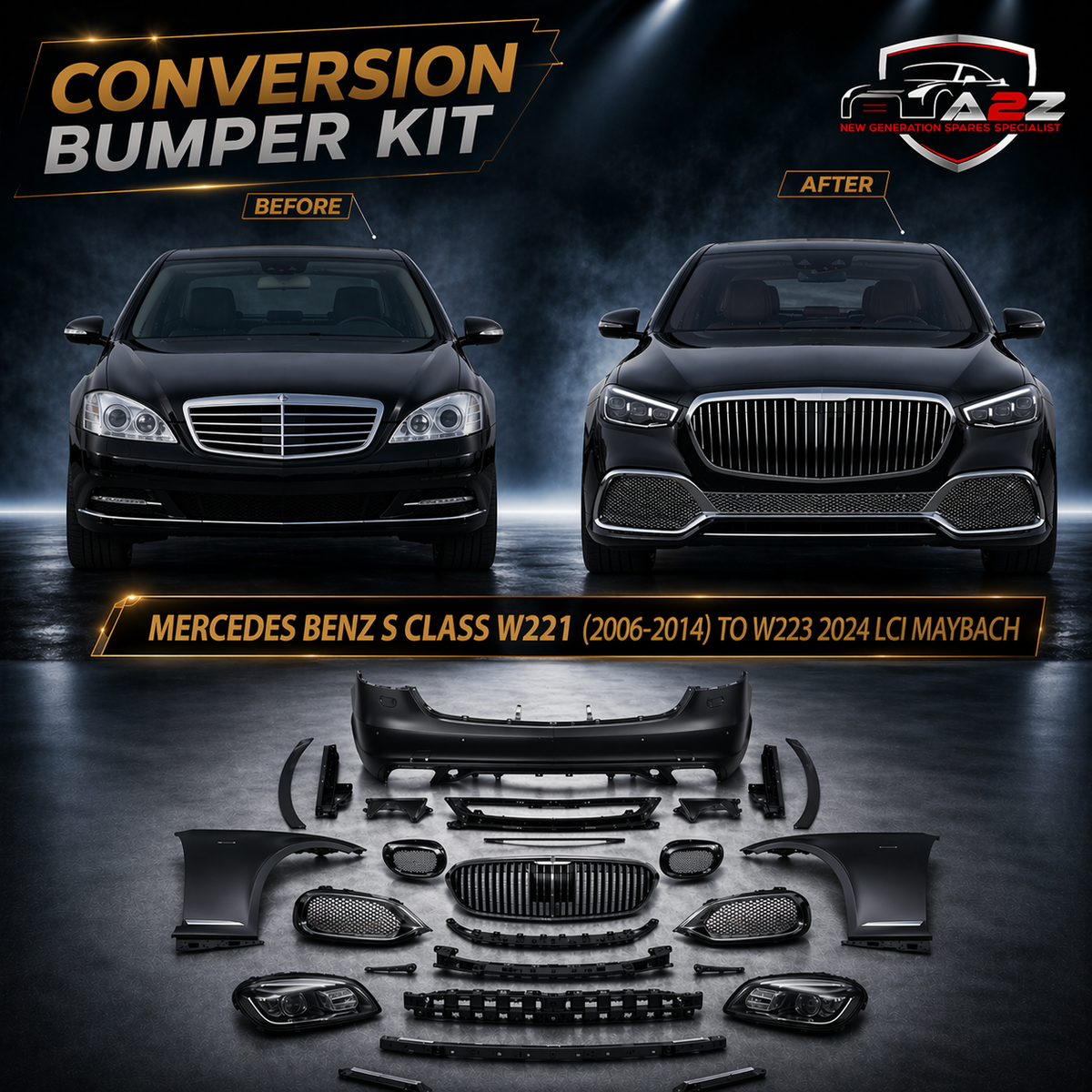 A To Z Compatible With Mercedes Benz S Class W221 (2006-2014) Upgrade Facelift Convert To W223 2024 Lci Maybach Bumper Body Kit Hood Fender Skirts Headlight Taillight Glass With Door 1:1 CC-8553-10 (Shipping Cost Not Included In Price)