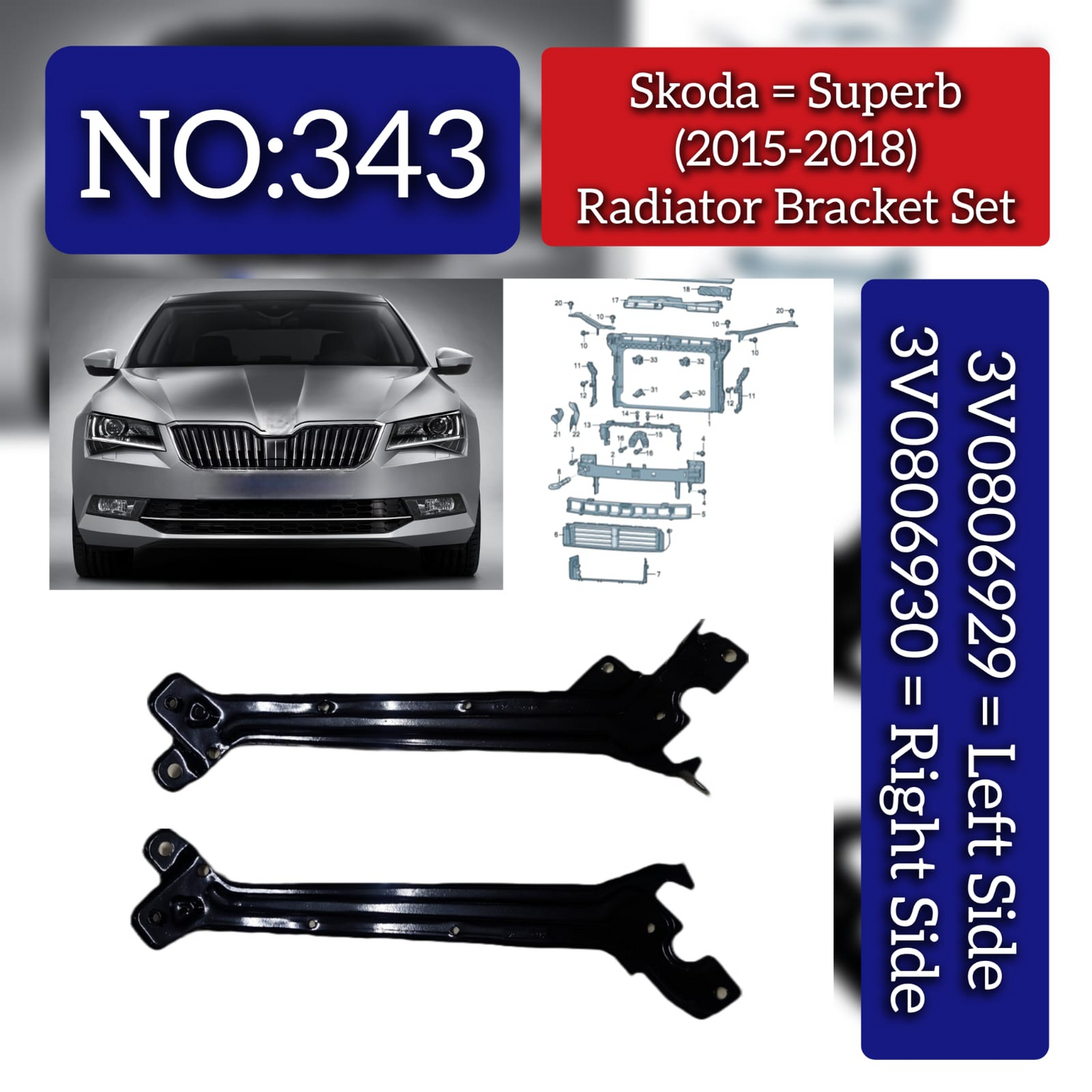 Radiator Bracket Set Left 3V0806929 & Right 3V0806930 Compatible With Skoda Superb (2015-2018) Tag No.343