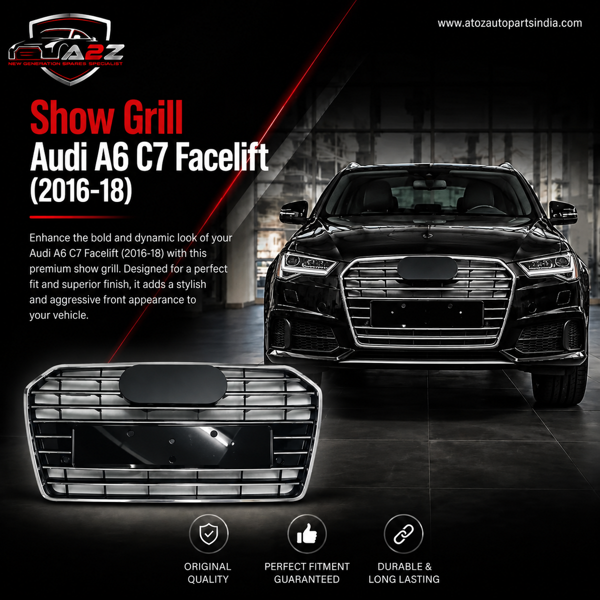 Show Grill  Compatible With  Audi A6 C7 Facelift(2016-18) Shiny Silver Chrome(Big Number Plate) Tag 61