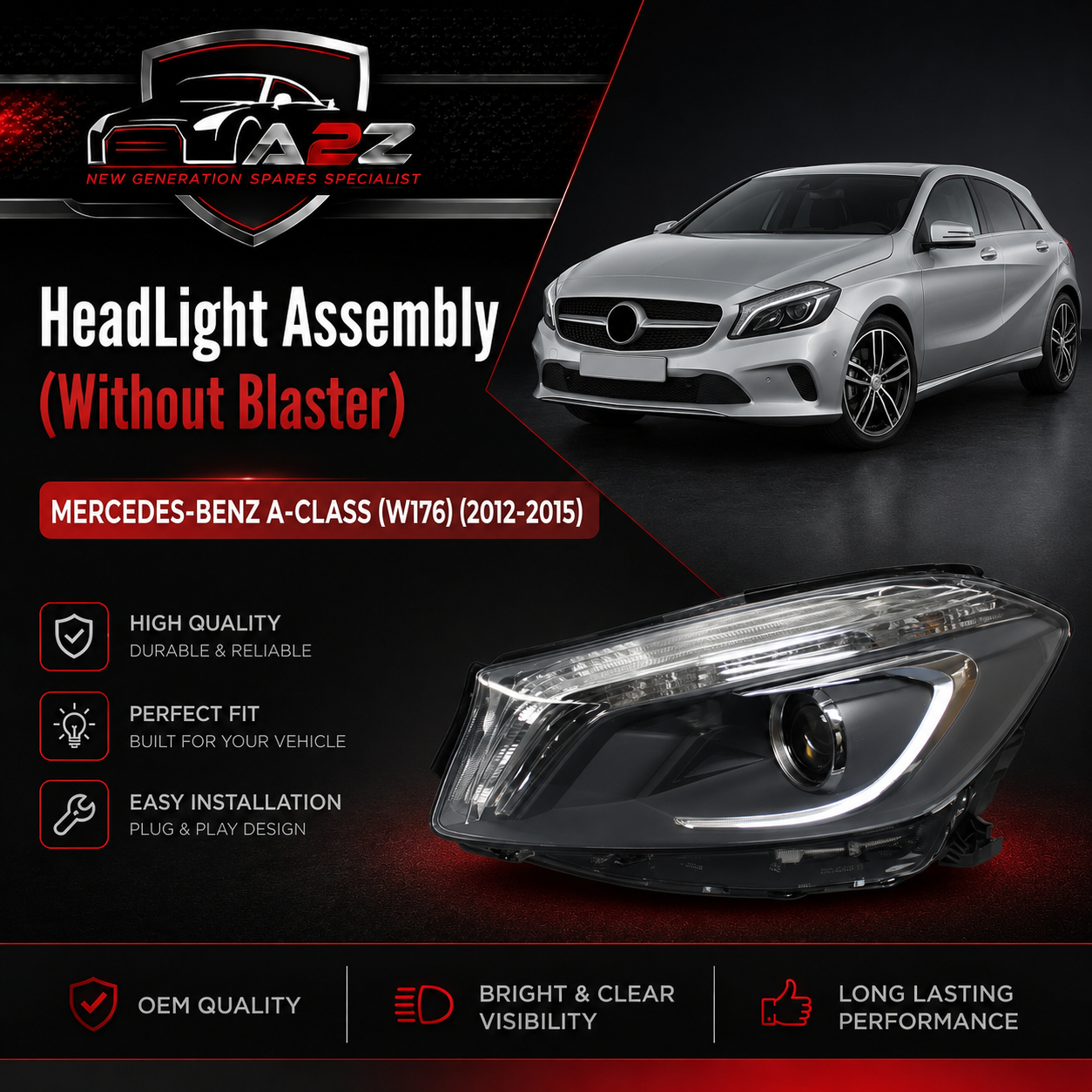 Headlight Headlamp Left A1768201161 & Right A1768201261 (Without Blaster) Compatible With MERCEDES-BENZ A-CLASS (W176) (2012-2015)