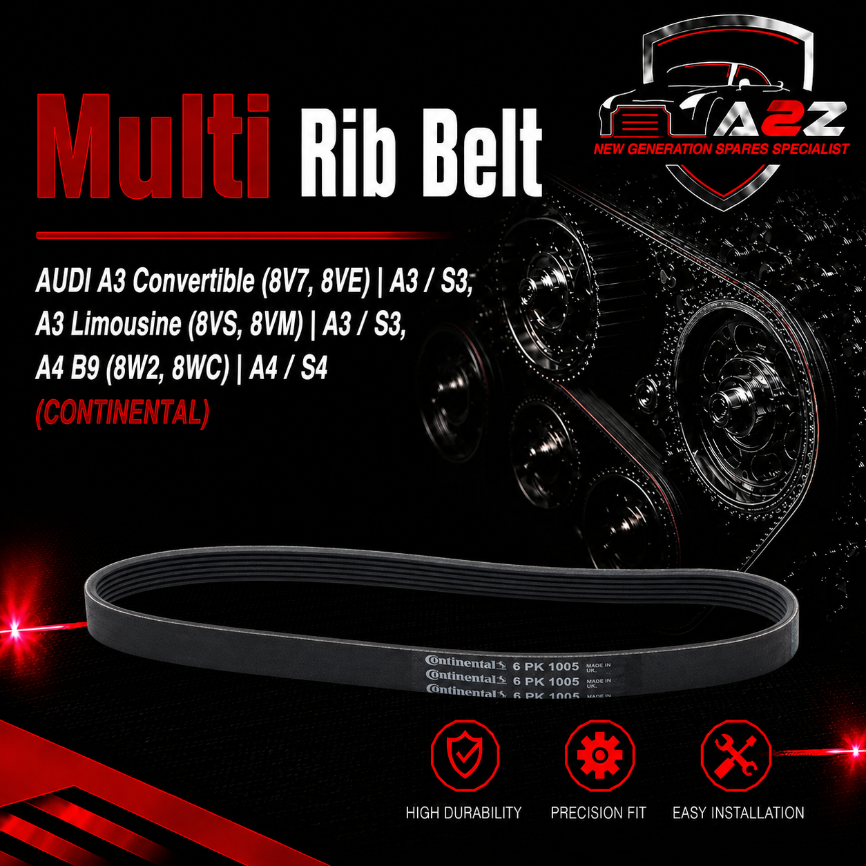 Multi RIB Belt 6PK1005 04E145933P Compatible With AUDI A3 Convertible (8V7, 8VE) | A3 / S3, A3 Limousine (8VS, 8VM) | A3 / S3, A4 B9 (8W2, 8WC) | A4 / S4  (CONTINENTAL)