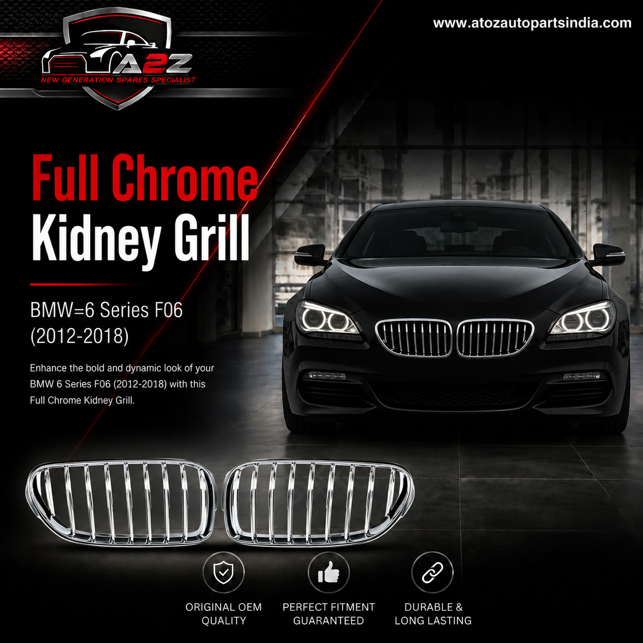 Full Chrome Kidney Grill Left 51137211921 & Right 51137211922 Compatible With BMW=6 Series F06 (2012-2018) Tag No.146