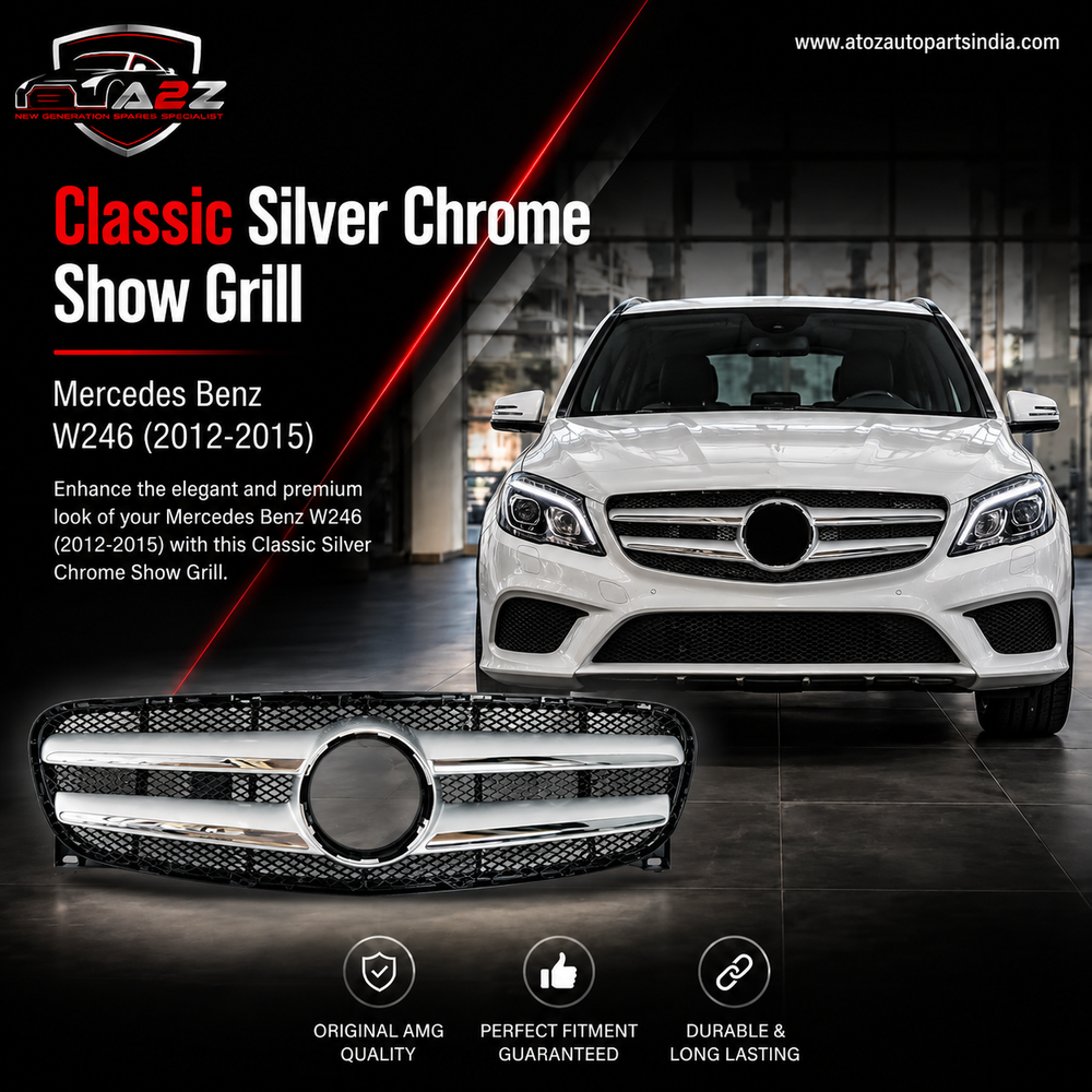 Classic Silver Chrome (2 Lines) Show Grill  Compatible With  Mercedes Benz B-Class W246 (2012-2015) Tag 42