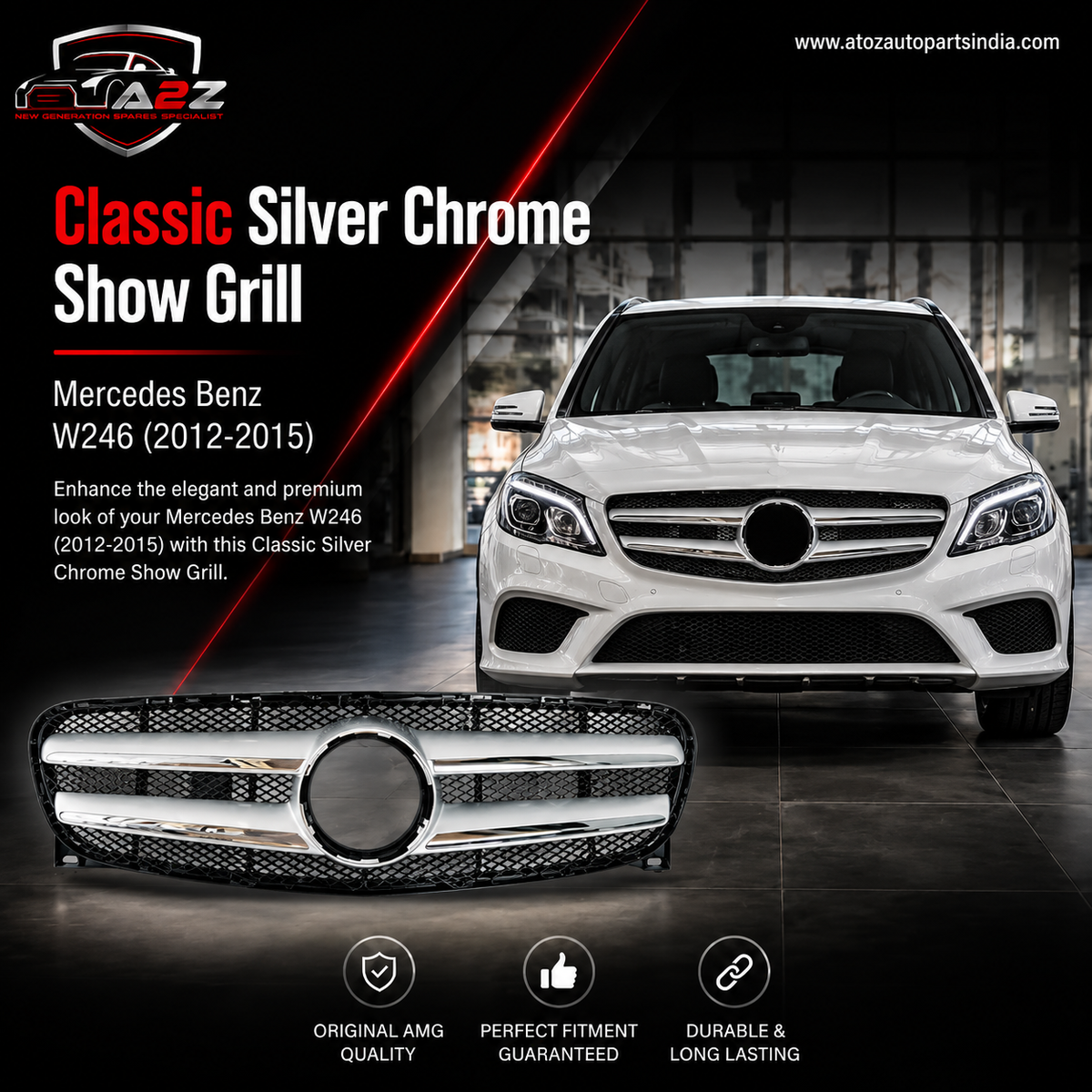 Classic Silver Chrome (2 Lines) Show Grill  Compatible With  Mercedes Benz B-Class W246 (2012-2015) Tag 42