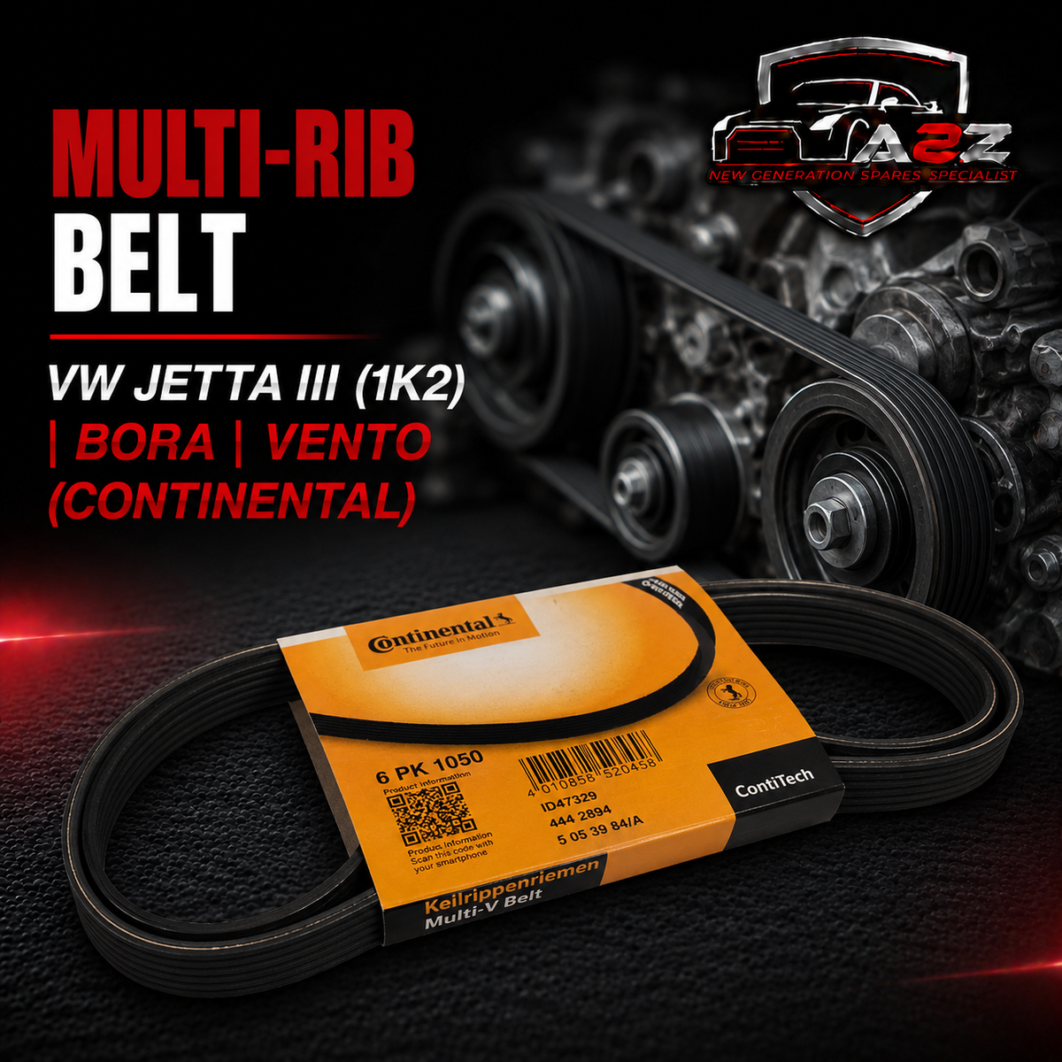 MULTI-RIB BELT 6PK1050 03G903137B Compatible With VW JETTA III (1K2) | BORA | VENTO (CONTINENTAL)
