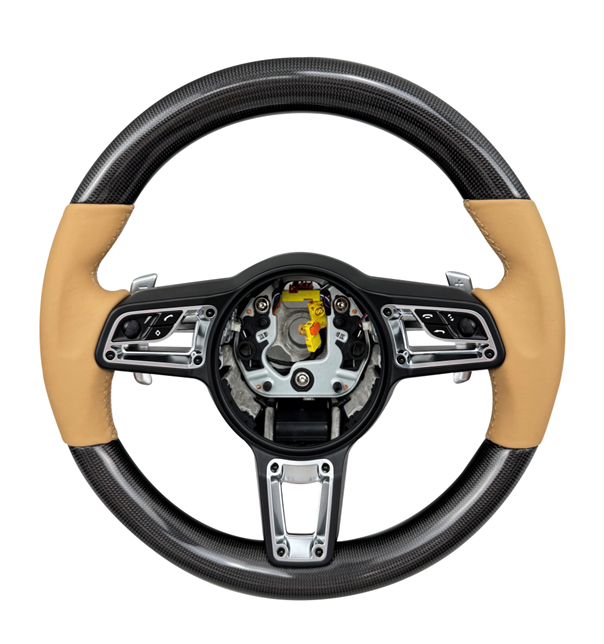 Carbon Fiber & Beige Smooth Leather Steering Wheel Compatible With Porsche All Models